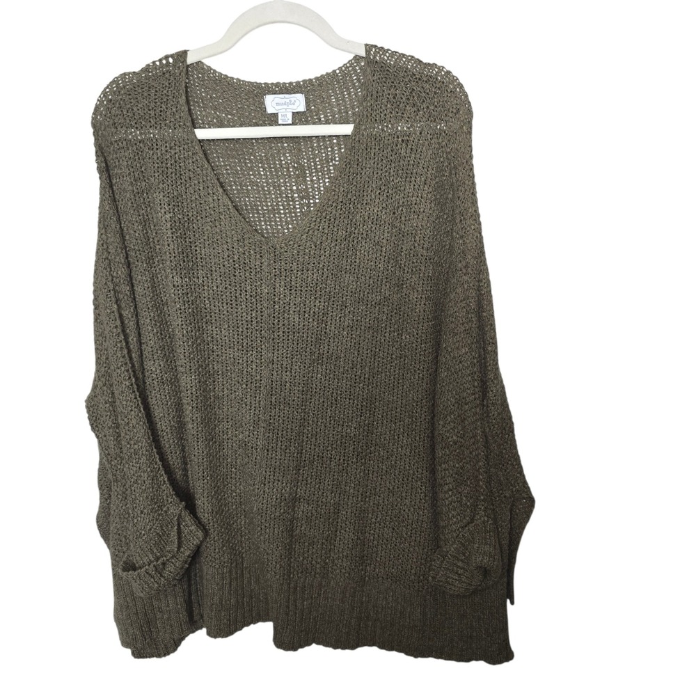 Mud Pie Women Olive Green Open Knit V-Neck Oversized Sweater M/L XRISS-09220
